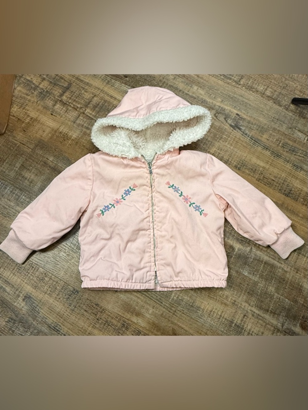 Vintage Baby Pink Sherpa Lined Floral Jacket Hooded Cottagecore 12-18M